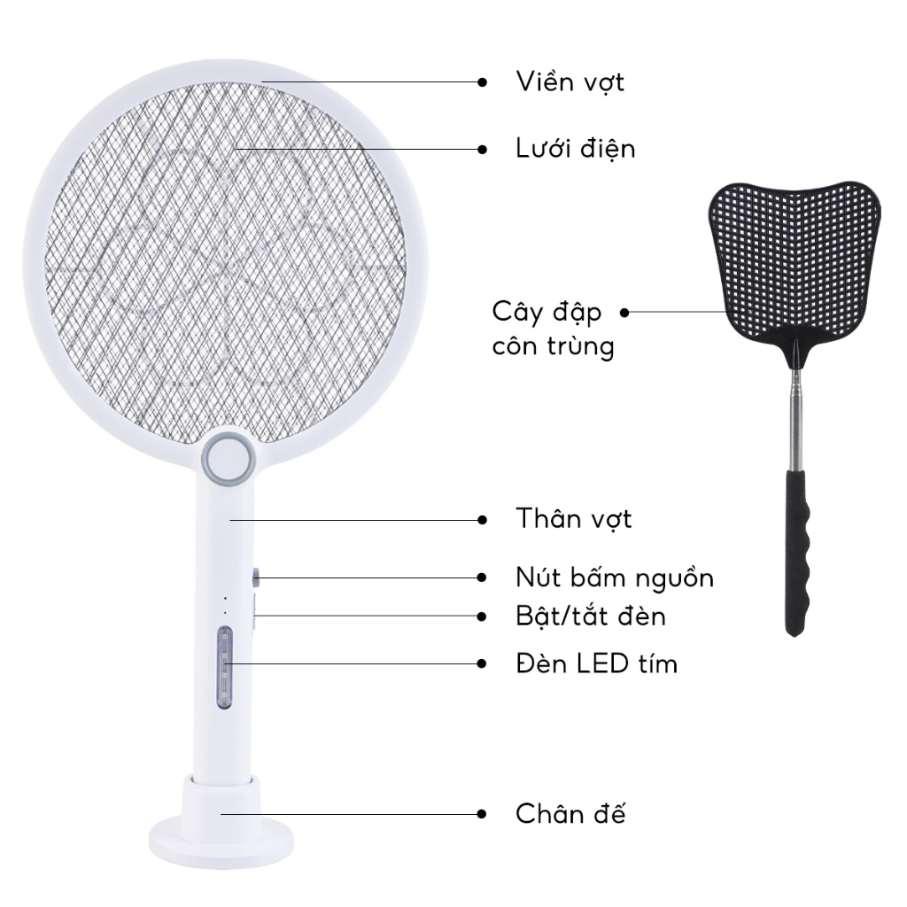Vợt muỗi điện Lebenlang LBL0102, đèn bắt muỗi 2in1 tự động,3W,an toàn khi sử dụng,tặng đập côn trùng