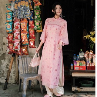 [GIAO - THƯỢNG NGUYÊN] - (BÁN LẺ ÁO/LẺ QUẦN)  Áo dài tết 2025 - Áo dài dáng ôm chất lụa phối tơ in Pattern mã TET2503