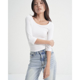 Áo Cổ Thuyền Tay Lửng Dáng Ôm | Boat Neck Fitted Top | White On Denim