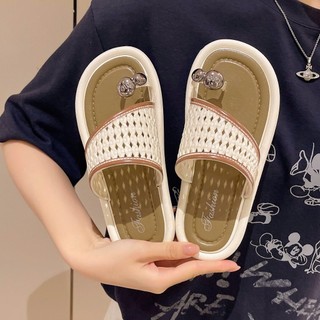  Dép xỏ ngón nữ thời trang thiết kế đan đính charm hạt đi biển đi chơi 2 màu trắng kem đen 