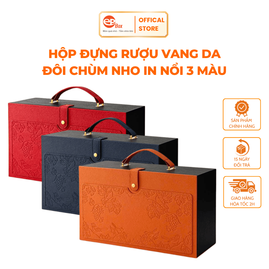 Hộp Đựng Rượu Vang 2 Chai Epvina Box Họa Tiết Chùm Nho In Nổi Tinh Tế Quai Xách Da 2025