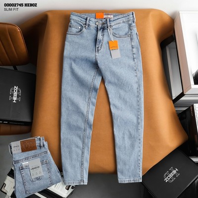 Quần jean nam Heboz dáng slim trơn D042, quần dài denim xanh nhạt cao cấp - 00002745