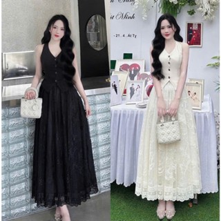 Set váy nữ 2 màu thanh lịch, áo gile sát tay chất mango phối chân váy ren thêu hoa xòe dáng dài 2 lớp 2 màu KÈM ẢNH THẬT