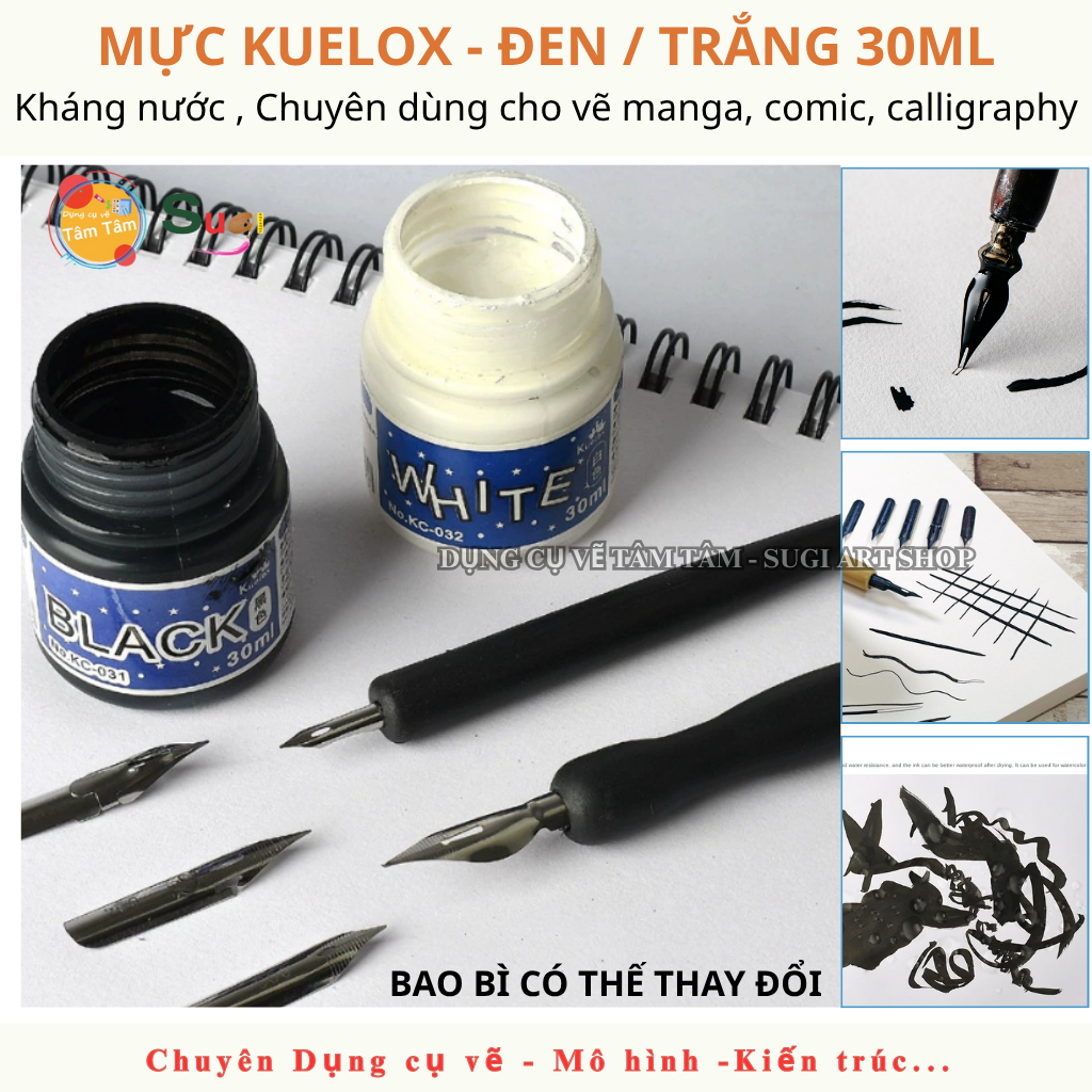 [ TÂM TÂM ] Mực đen , Mực Trắng Kuelox , Mực dùng bút sắt , bút chấm mực vẽ manga, comic calligraphy