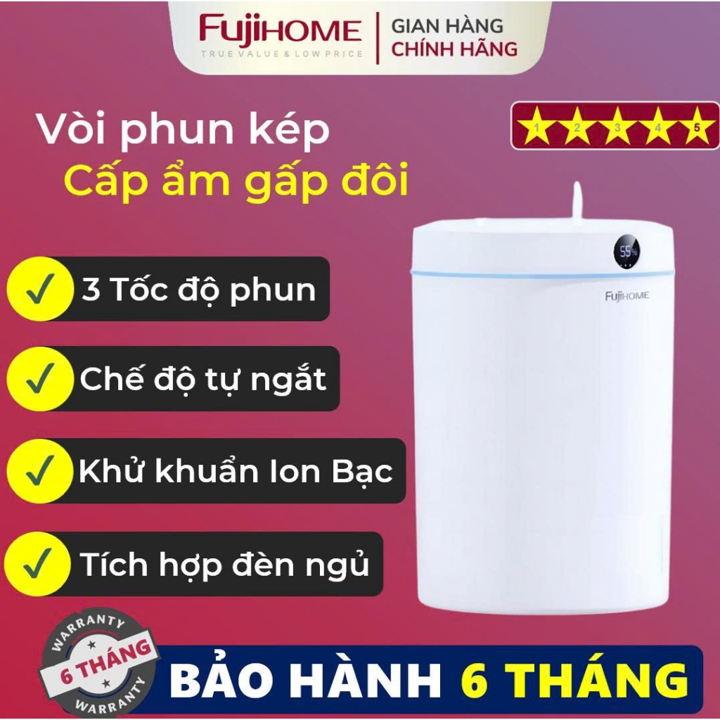 Máy phun sương tạo ẩmFUJIHOME HM05B xông tinh dầu có màn hình Led hiển thị độ ẩm