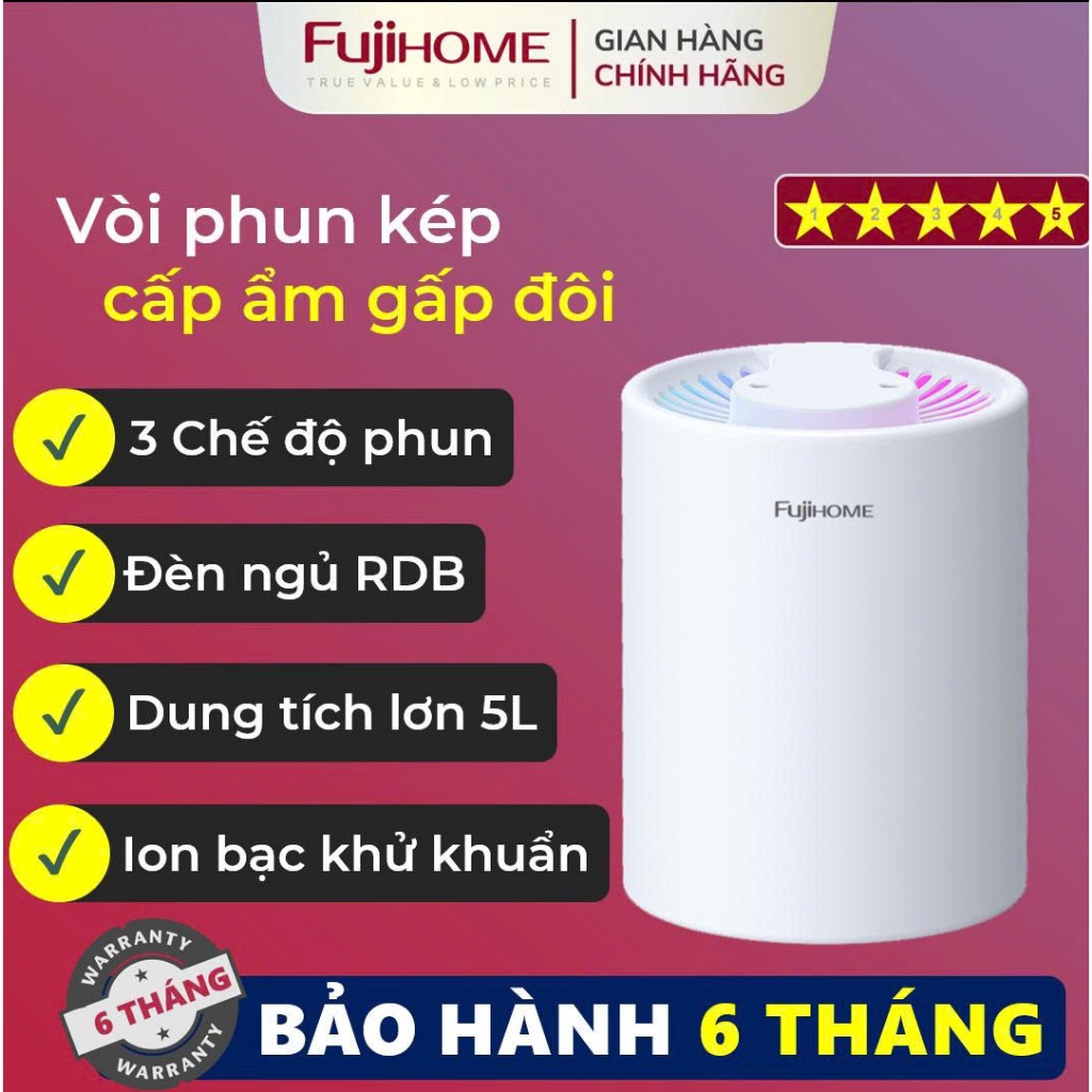 Máy phun sương, tạo ẩm, xông tinh dầu FUJIHOME dung tích lớn 2 vòi phun , tích hợp đèn Led 7 màu