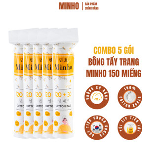   Combo 5 Gói  Bông Tẩy Trang Minho 150 Miếng Cao Cấp Hàn Quốc  – 100% Cotton Mềm Mịn An Toàn Cho Da Nhạy Cảm 