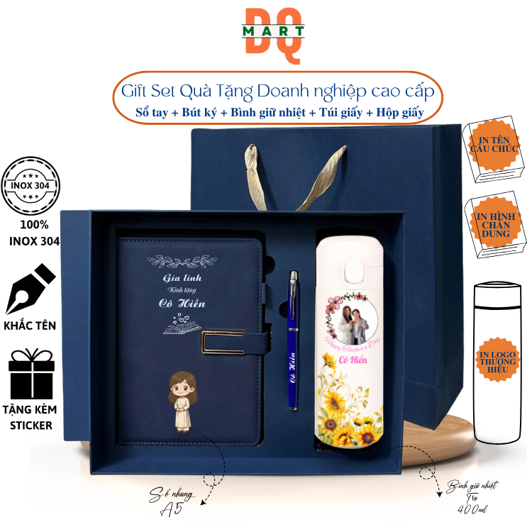 Bộ quà tặng dqmart - giftset - bộ sổ tay - Bình giữ nhiệt 500ml - bút ký cao cấp- IN, khắc tên, logo
