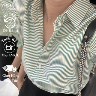 Áo sơ mi nữ sọc xanh lá cây tay dài form suông công sở kiểu hàn quốc mã SXL