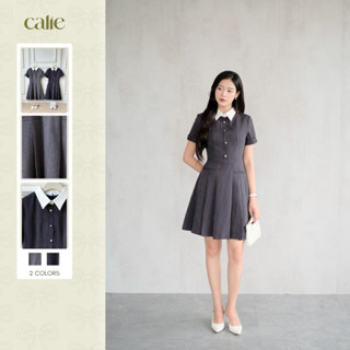 Váy dáng A trên gối kẻ sọc phối cổ trắng, chất liệu mềm mát form basic dễ mix đồ thời trang nữ Calie VX258