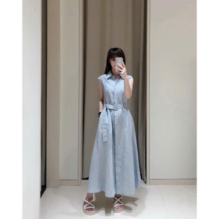 [Hàng QCCC] Váy sơ mi không tay dáng xòe dài – kèm đai eo – chất linen xanh pastel mát nhẹ