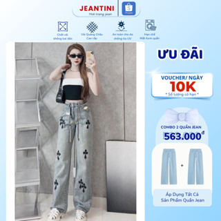 Quần bò nữ ống suông JEANTINI quần jean thêu chữ thập phong cách cá tính màu xám size S M L 1659