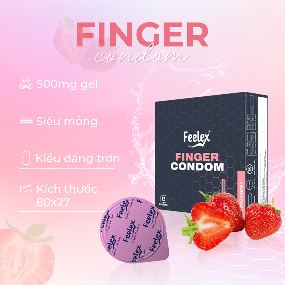 Bao cao su ngón tay Feelex Finger nhiều gel bôi trơn, hương dâu ngọt ngào, an toàn, chân thật - hộp 12 chiếc