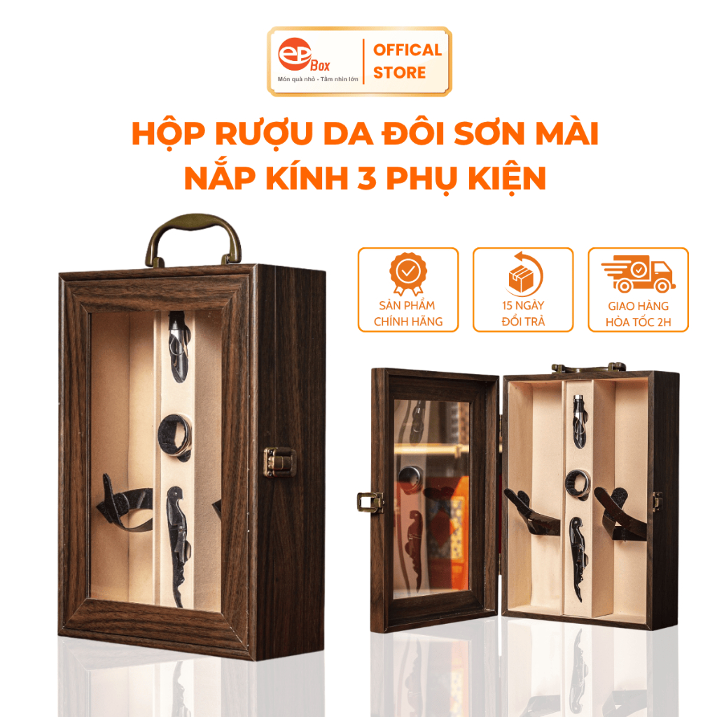 Hộp Đựng Rượu Vang Gỗ Sơn Mài Epvina Box 2 Chai Nắp Kính Nâu Khay Nhựa Và Khay EVA