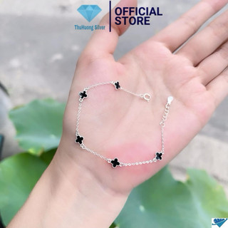  Lắc tay nữ cỏ 4 lá nhí sơn đen cá tính  nhẹ nhàng chuẩn bạc ta- THU HUONG SILVER 
