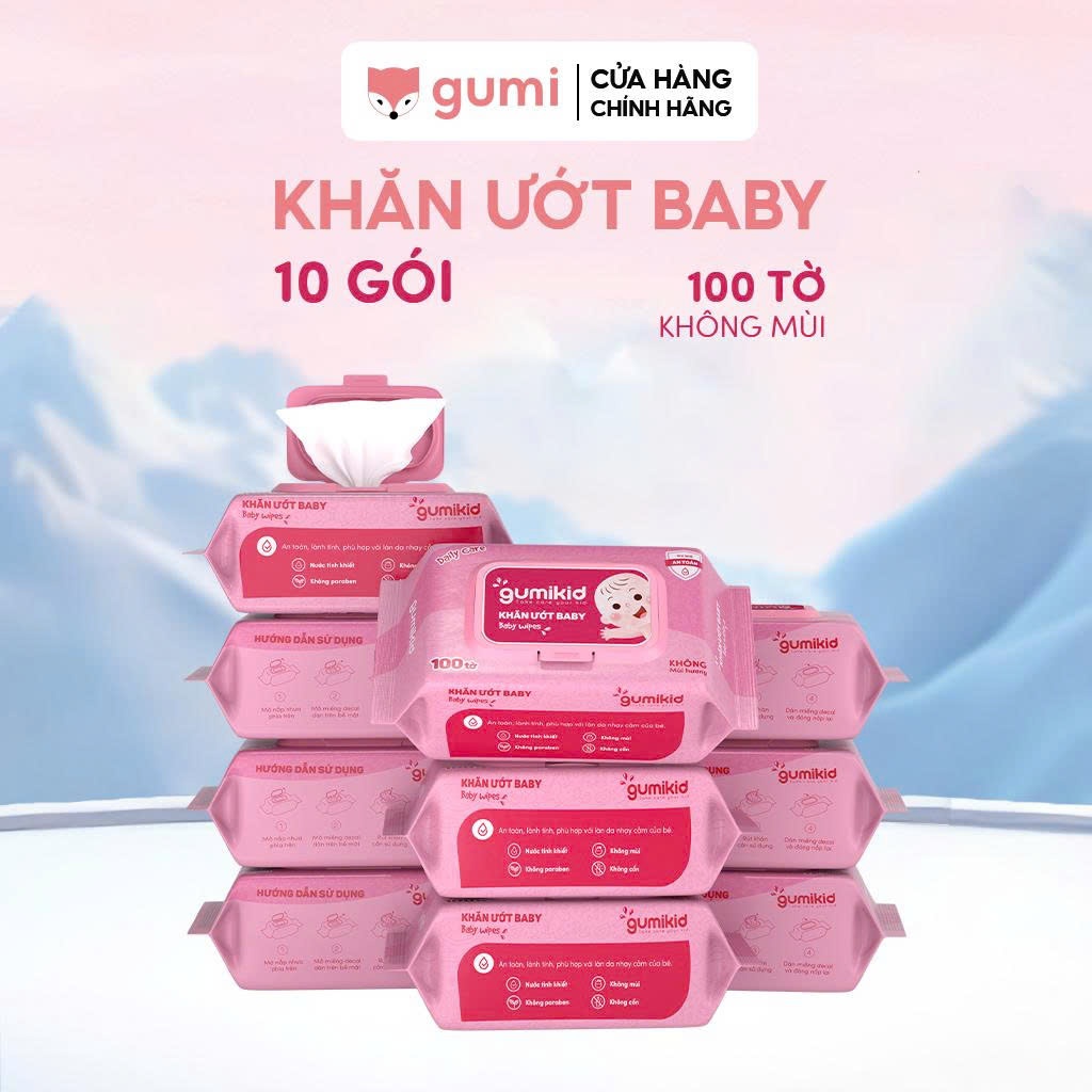 (KID)Thùng 10 gói khăn ướt Gumi không cồn không parabens cao cấp dành cho em bé.