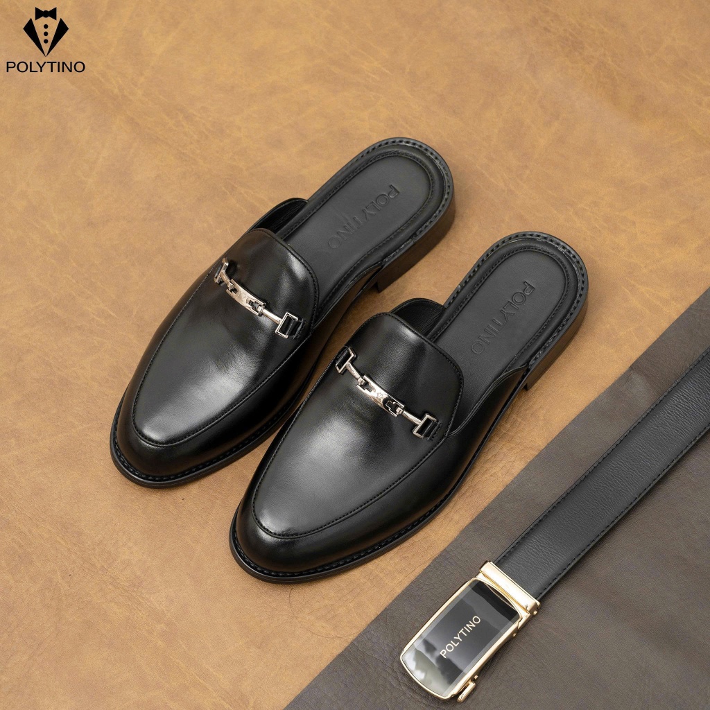 Giày Sục Da Bò Nam Cao Cấp POLYTINO Mã 3003 – Đen Trơn Sang Trọng – Đế Gỗ Lịch Lãm – Giày Công Sở
