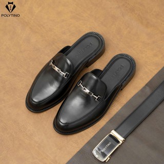 Giày Sục Da Bò Nam Cao Cấp POLYTINO Mã 3003 – Đen Trơn Sang Trọng – Đế Gỗ Lịch Lãm – Giày Công Sở