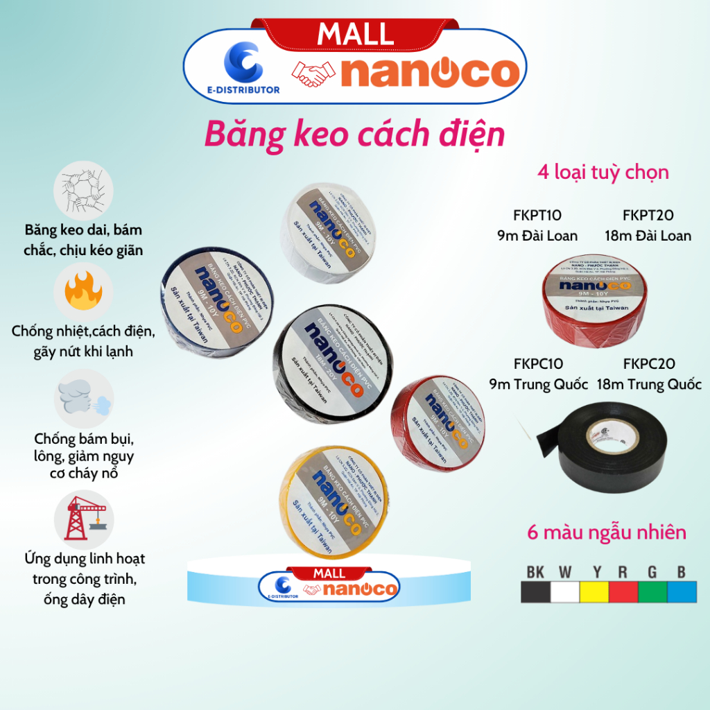 Băng keo cách điện Nanoco 9 mét | 18 mét FKPT10 | FKPT20 | FKPC10 | FKPC20 - Hàng Chính hãng 100%