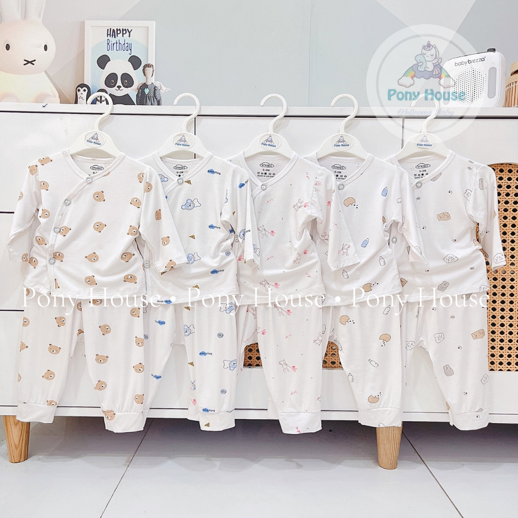 Bộ Sơ Sinh Dài Tay Cài Chéo Chất Cotton Thun Lạnh Siêu Mềm, Mát Cho Bé Trai, Bé Gái Từ Sơ Sinh (0-3M Đến 6-9M)