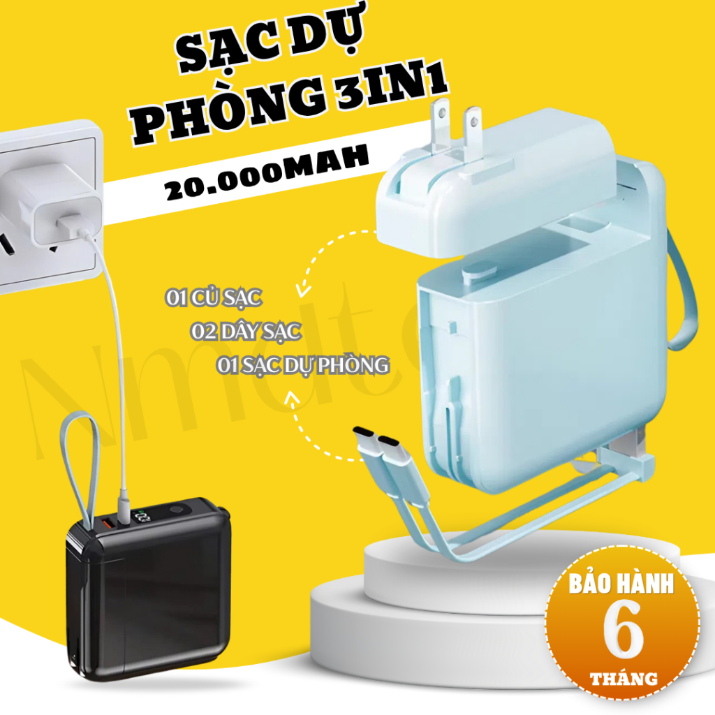 Sạc Dự Phòng Đa Năng 20000mAh 3in1 - Tích Hợp Dây Sạc Nhanh - Tương Thích Mọi Thiết Bị 01