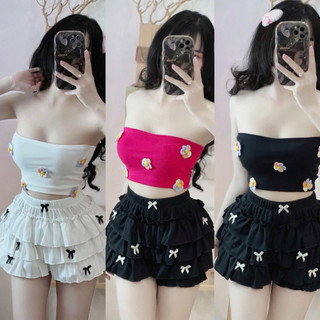 SET BỘ Đồ Nữ ÁO ỐNG HOA ĐÍNH MÀU CROPTOP + Chân Váy Tăm Tầng Bí Đính Nơ Có Bán Lẻ Từng Món