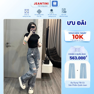  Quần jean nữ rách JEANTINI quần jean rách tả tơi cạp cạp bản to chữ màu xanh nhạt size S M L 8797 