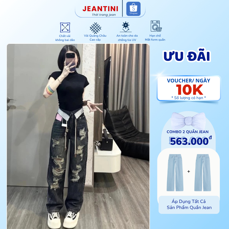 Quần bò rách JEANTINI quần jean nữ rách bẻ cạp phong cách màu đen ánh rêu size S M L 8825