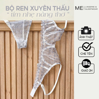 Bộ đồ lót ren thêu ME MELINGERIE xuyên thấu 1 lớp màu tím hoa thêu nhẹ nhàng gợi cảm áo lót có gọng nâng quần lót dây 