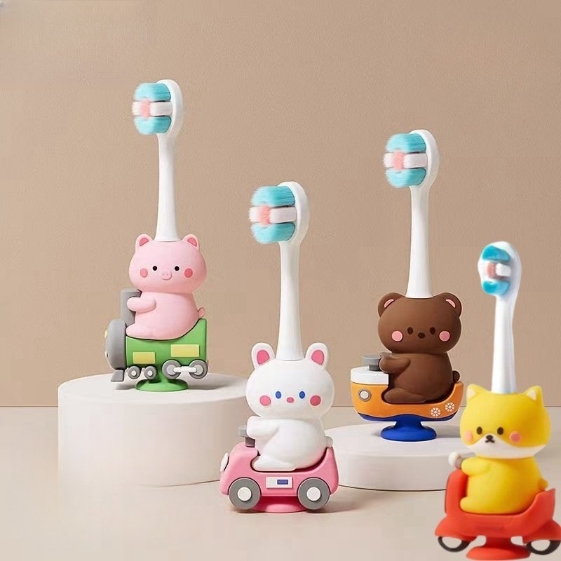 Bàn chải đánh răng cho trẻ em hình động vật lái xe dễ thương, đầu chải mềm bảo vệ nướu, thiết kế tay cầm chống trượt