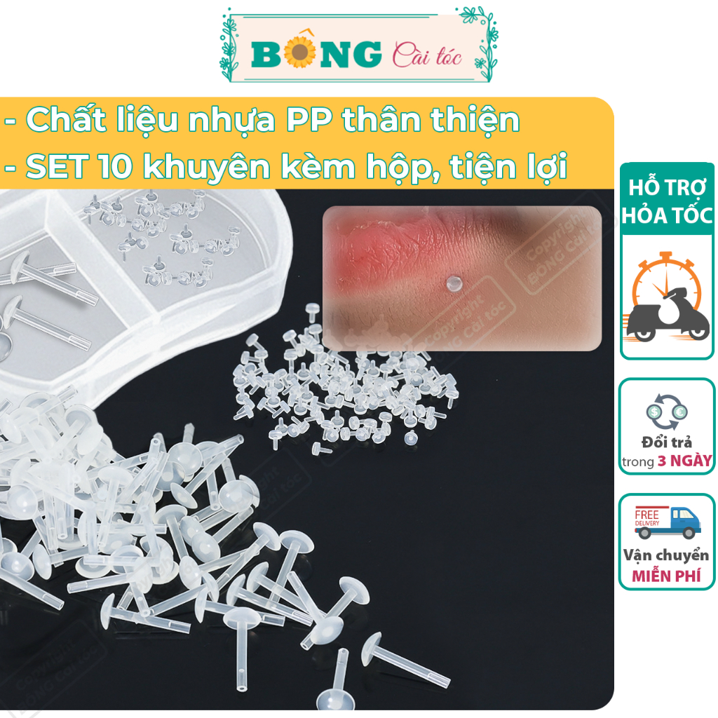Hộp 10 chiếc khuyên môi nhựa trong suốt đầu tròn dẹt giữ lỗ, không gây kích ứng KMO10 - khuyên nhựa BÔNG Cài Tóc