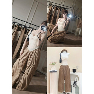 Set Bộ 2 Món Áo 2 Dây Dáng Corset Chất Kim Sa Mix Quần Bí Nâu Form Rộng Cột Dây Lưng Chun