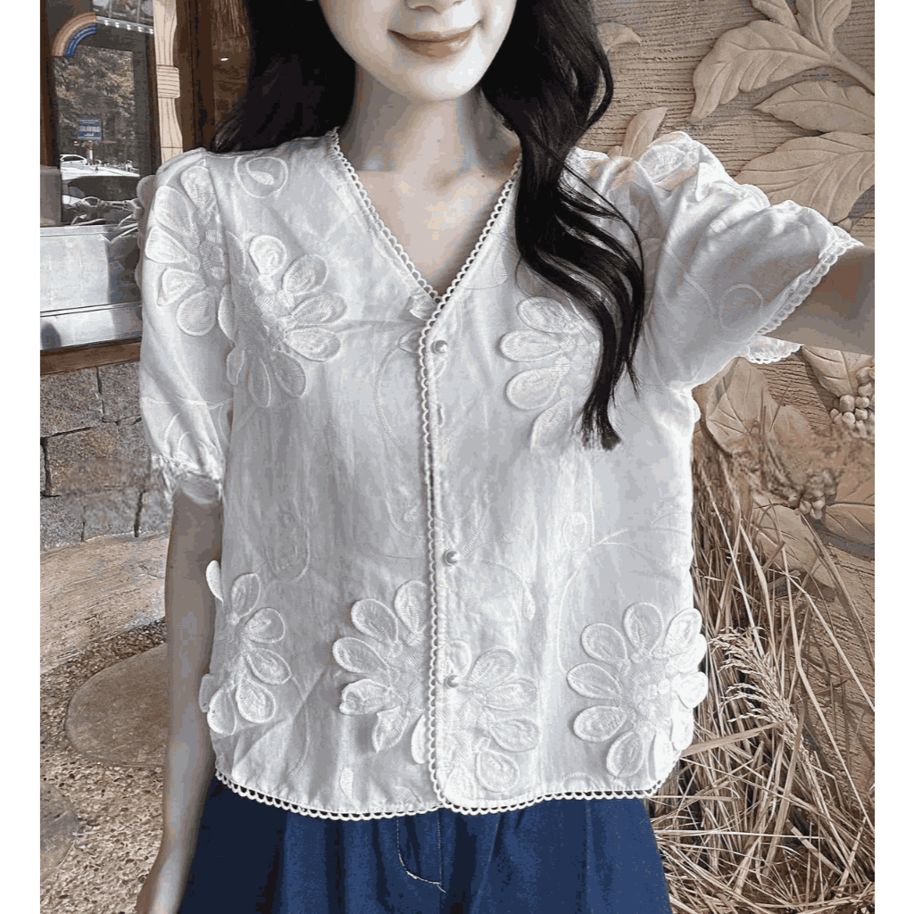 ÁO THÔ NÚT THÊU BOI HOA NỔI XINH XỈU