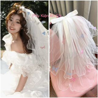 Voan cài tóc cô dâu đính cánh bướm dài 65cm