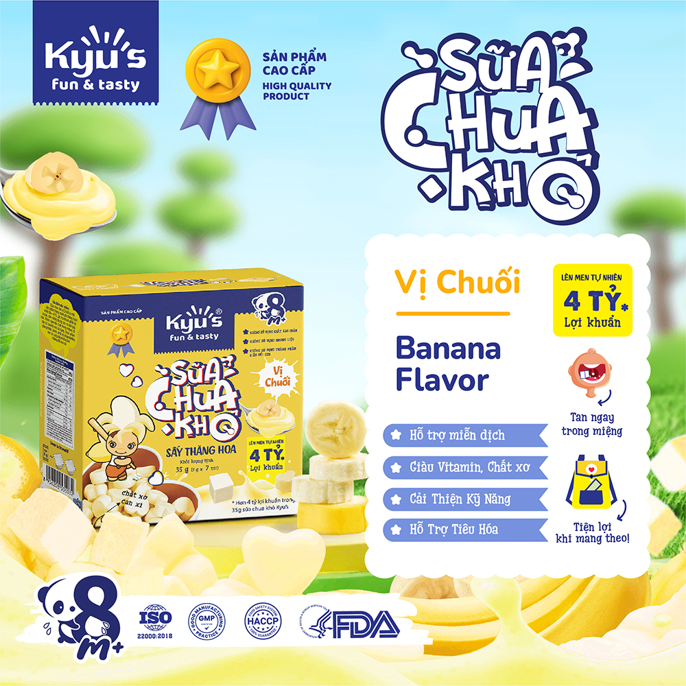 Sữa Chua Khô Kyu's 35g - Vị Chuối - Sấy thăng hoa - Hỗ trợ tiêu hóa, ngừa biếng ăn
