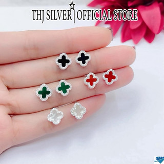  Bông tai THJ -Bông cỏ 4 lá nhí đíng đá viền size 6li nhỏ xinh chuẩn bạc ta- THU HUONG SILVER 