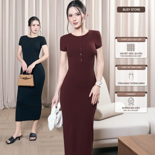 [BUSY] Váy Đầm Ngắn Tay Dáng Dài Nữ Cổ Trụ BUSY Thun Zip Dẻo Ôm Sát VNT14