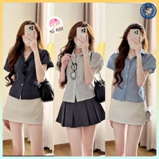 [A429] Áo sơ mi kiểu nữ KẺ SỌC CÓ DÂY CHIẾT EO tôn dáng phối tay bồng xinh xắn hot trend - L2M