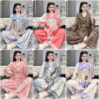 [40-60kg] Đồ bộ Pyjama nữ tay lỡ cổ sen 2 túi lụa latin in 5D cao cấp nhiều màu xinh