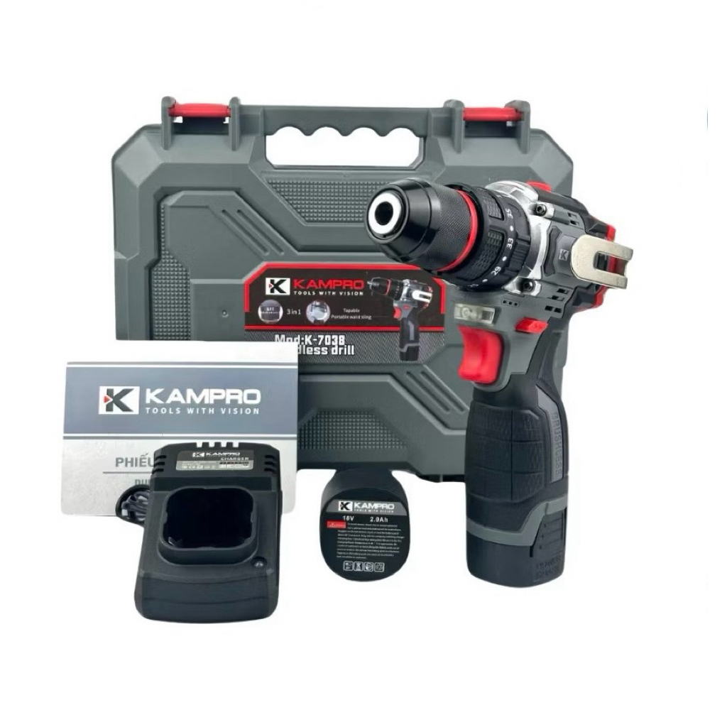Máy Khoan Pin Kampro K-7038, 3 Chức Năng, Đầu Kẹp 10ly Autolock, Động Cơ Không Chổi Than