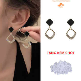 Bông Tai Nữ Dáng Vuông Treo Phối Đá – Khuyên Tai Mạ Vàng Cá Tính, Phong Cách Hàn Quốc
