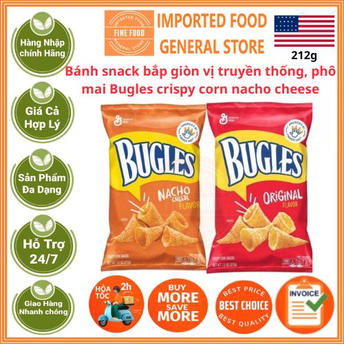 Bánh snack bắp giòn vị truyền thống, phô mai Bugles crispy corn nacho cheese, túi 212g