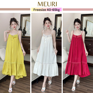  Đầm ngủ lụa 2dây dáng dài MEURI váy ngủ suông mặc nhà form suông rộng chất latin trơn mềm mại phối ren 40-65kg 