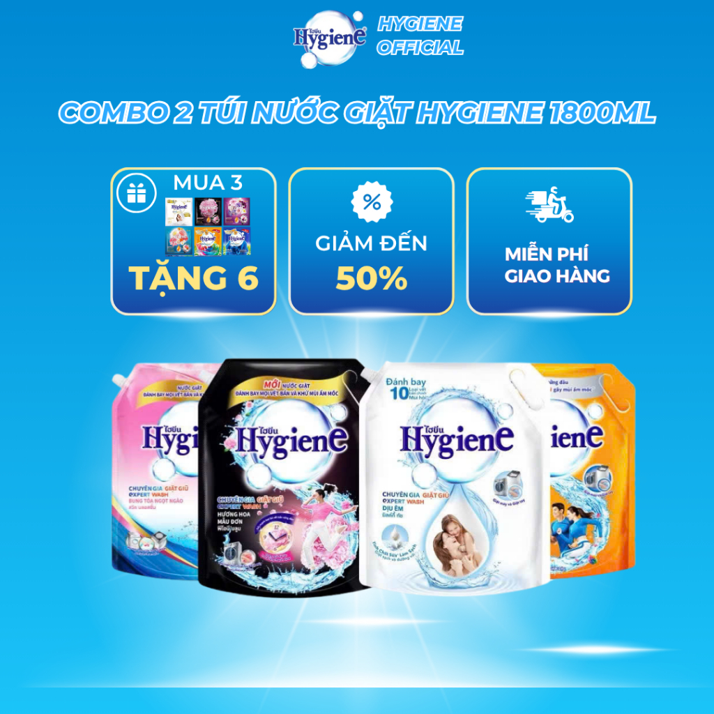 Combo 2 Túi Nước Giặt Thái Lan HYGIENE nước giặt xả đậm đặc túi lớn 1,8 lít thơm lâu