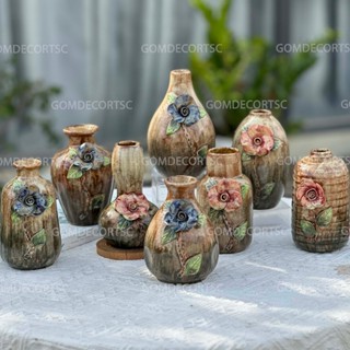 Bình hoa mini đắp nổi gốm sứ Bát Tràng xinh xắn lọ hoa decor trang trí để bàn đẹp