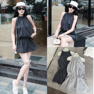 Set jumpsuit cổ yếm kẻ sọc mix chân váy xoè kèm quần bảo hộ diện hè LIMOR DRESS