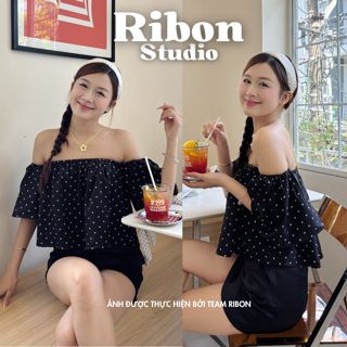 [SẴN - HOẢ TỐC HCM] Áo Trễ Vai Ngắn Tay Chấm Bi Đen RiBon Sang Chảnh Dễ Phối