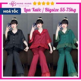Đồ ngủ nữ bigsize 55-75kg, pijama lụa xước mềm mát dài cộc tay ngắn bèo voan 75CD16, đồ bộ nữ đồ mặc nhà tiểu thư trơn