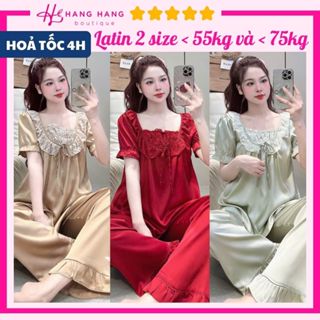 Đồ ngủ nữ pijama dài cộc tay ngắn cổ đắp ren bigsize lụa latin mịn mát 2SCD02, đồ bộ nữ đồ mặc nhà tiểu thư trơn sang