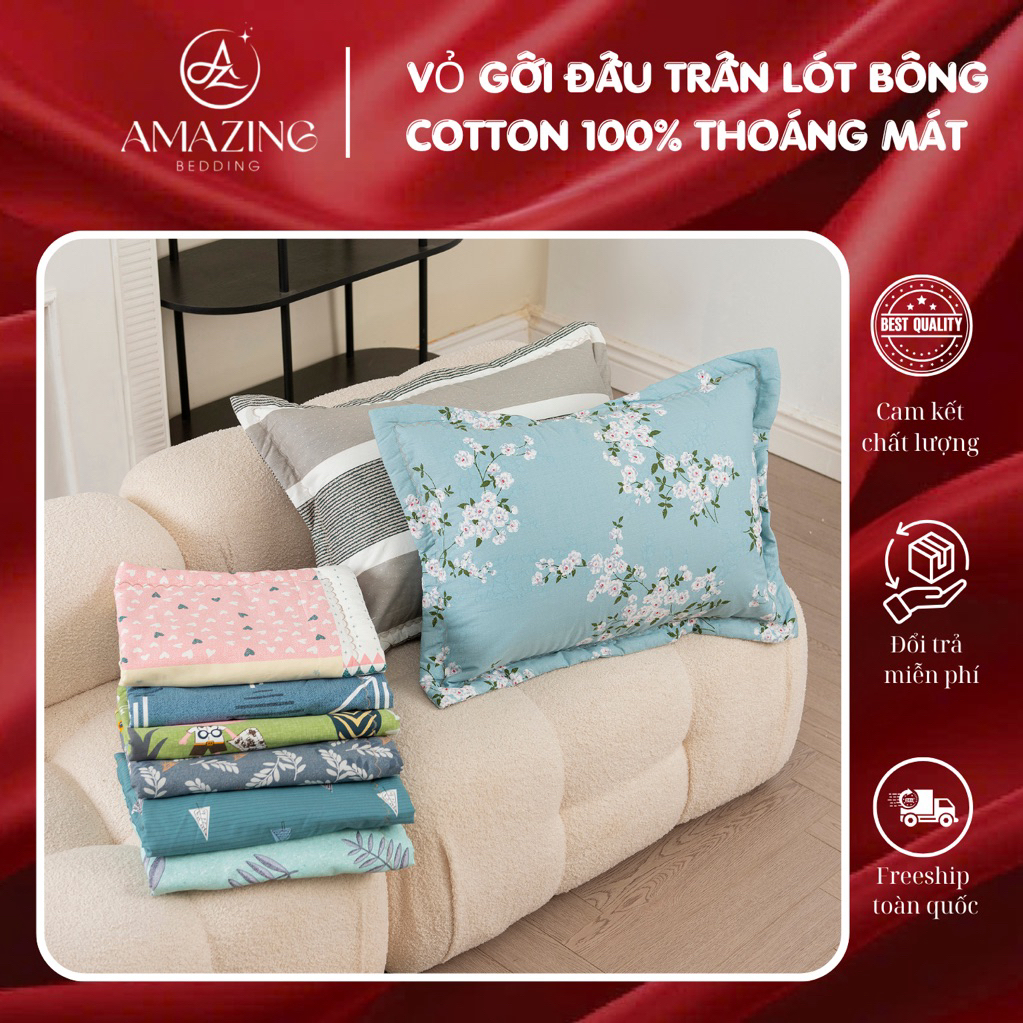 1 đôi( 2 ,chiếc) Vỏ gối đầu Cotton 100% mềm mại, thoáng mát size 50-70cm( cả viền) có lót bông dày d